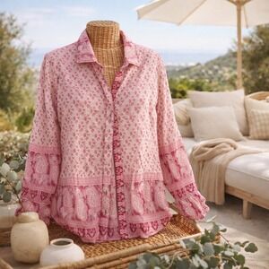 Cino Button Down Shirt Womens Large Pink Paisley Cotton Excellent Roll Tab Boho